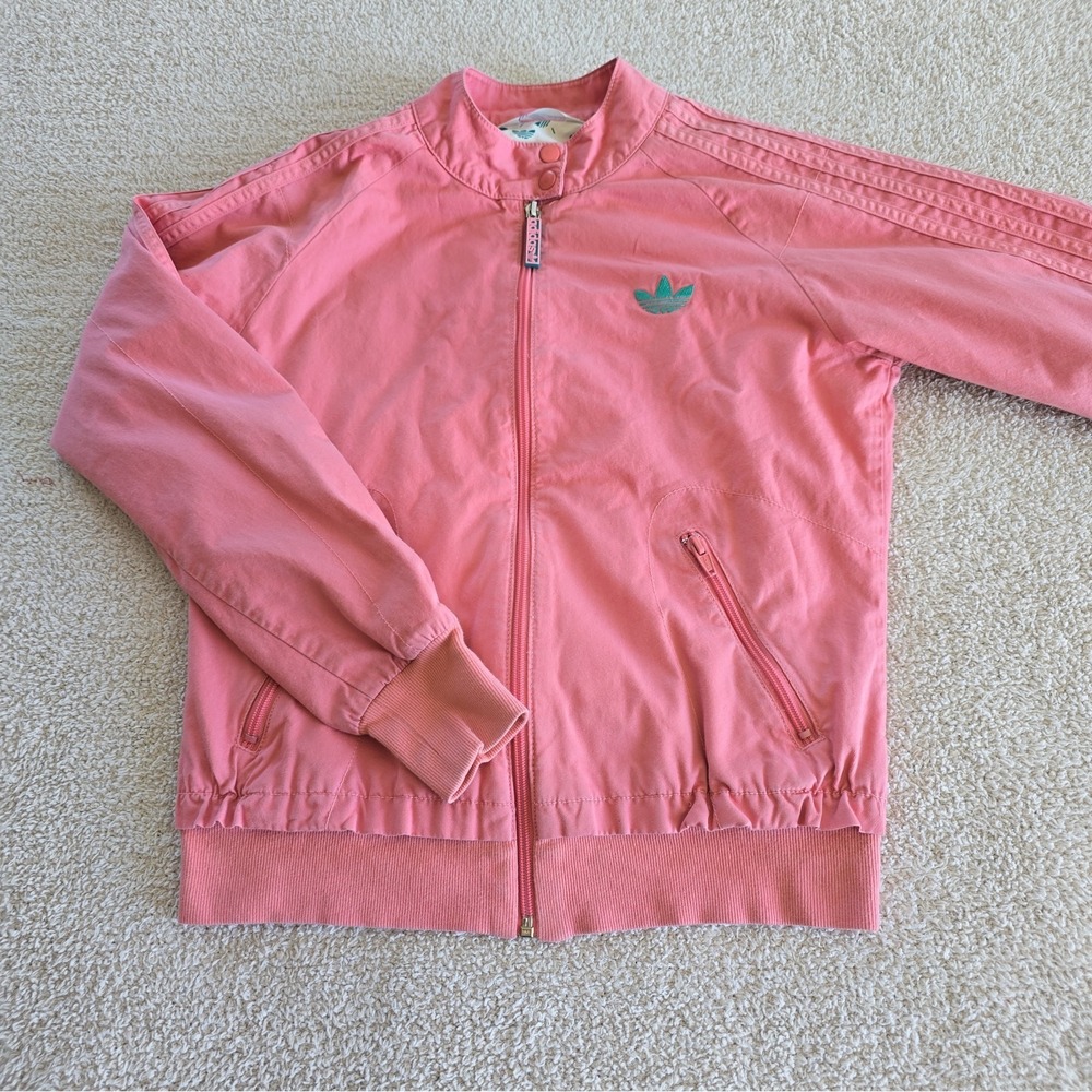 2008 Adidas Originals Pink Bomber Jacket Teal Trefoil All-Over Print Lining Sz M